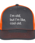 Front view of Old School Yet Cool Mesh Hats For Men And Women Lightweight Trucker Cap with grey front and orange mesh back.
