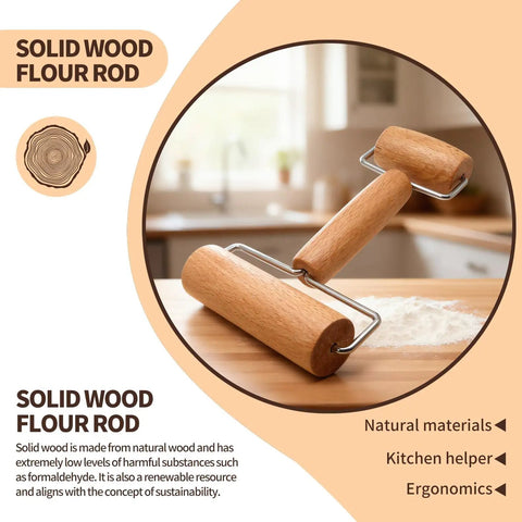 Mini Wooden Rolling Pin For Dough With Double Handles Nonstick Pizza Roller Beech Wood Small Dough Roller on kitchen counter
