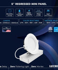 5 Inch LED Recessed Lights Canless Mini Panel Downlights, wet rated, 120-277V, dimmable, color selectable features, sleek design.