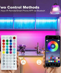 32.8Ft RGB LED Strip Lights For Bedroom With Music Sync 5050, remote and smartphone app control shown.
