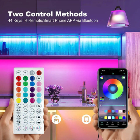 32.8Ft RGB LED Strip Lights For Bedroom With Music Sync 5050, remote and smartphone app control shown.