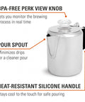 3 Cup Percolator Coffee Pot In Glacier Stainless Steel With Silicone Handle showing pour spout and BPA-free perk view knob