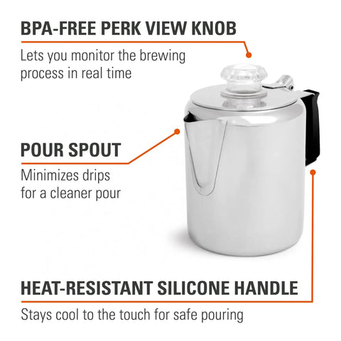 3 Cup Percolator Coffee Pot In Glacier Stainless Steel With Silicone Handle showing pour spout and BPA-free perk view knob