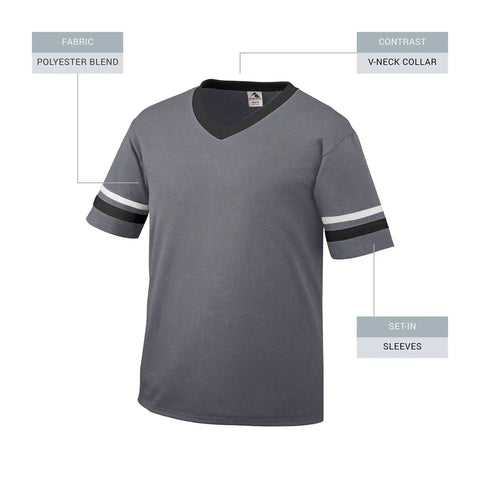 Retro Ringer Tee With Contrast Sleeve Stripes And Knit V Neck 50 50 Poly Cotton Jersey Double Needle Hem All Day Comfy Team Spirit Tee In Graphite Black White Sized Small front view