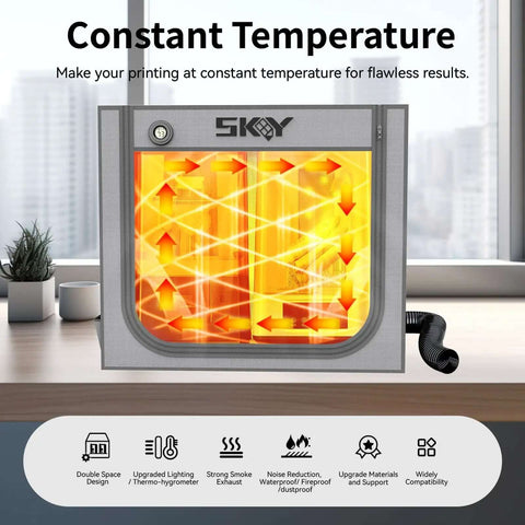 Resin 3D Printer Enclosure With Ventilation Kit And LED Light for odor control on a desk, showing airflow arrows and temperature control benefits.