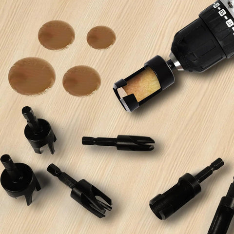 Heavy Duty Carbon Steel Wood Plug Cutter Drill Bit Set 8 Pack with hex shank bits on a wooden surface.