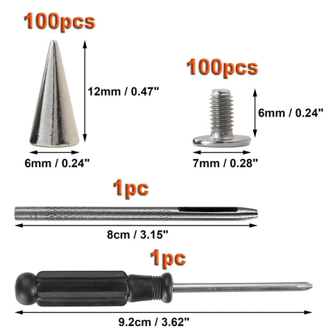 100 Pack Hella Tough Zinc Alloy Spike Rivets Badass Punk Metal Studs With Heavy Duty Iron Screw Back For Leather Jackets Clothing Shoes Belts Bags Hats Silver 12mm components including spikes and screws