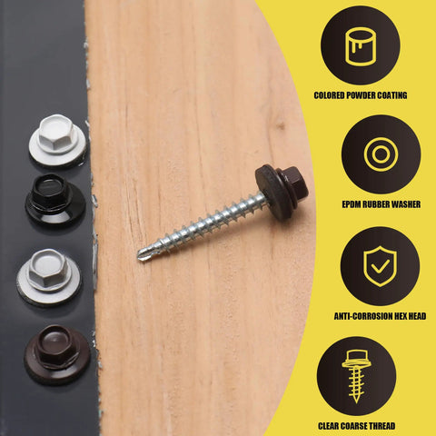 Professional Grade Size 10 X One And A Half Inch Black Hex Head Self Drilling Roofing Screws with EPDM rubber washer on wood.
