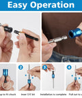 Illustrated steps showing easy operation of durable aluminum bit holders for one quarter inch sockets hex shank screwdriver bit holder.