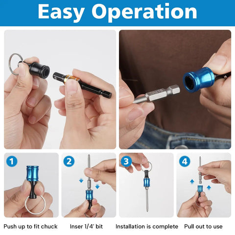 Illustrated steps showing easy operation of durable aluminum bit holders for one quarter inch sockets hex shank screwdriver bit holder.