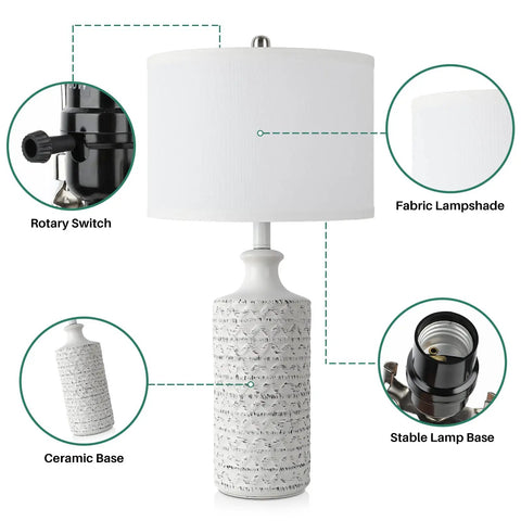 Farmhouse Ceramic Table Lamp With White Fabric Shade, Modern Tall Desk Lamp for Bedroom, Living Room or Office, close-up details