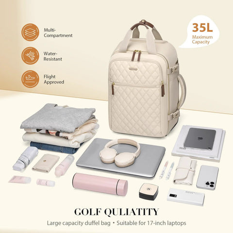 Front view of apricot quilted rolling backpack with top handles for 17-inch laptop travel
