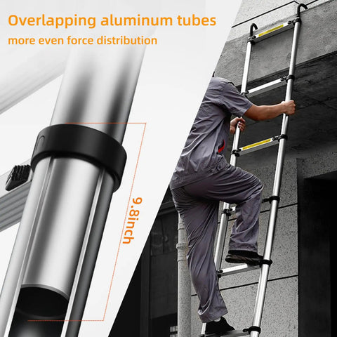 10.5 Foot Telescoping Ladder With Hook, Go-To Aluminum Folding Extension Ladder For Home And RV, Attic Or Garage, Multi Use Durable Aluminum Ladder With Easy Extend And Lock, Supports Up To 330 Lbs. telescoping aluminum ladder with hook on wall