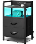 Nightstand With Charging Station And LED Light Strip, Modern End Table With USB Ports, AC Outlets, Storage Shelf And Two Fabric Drawers