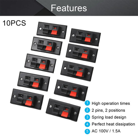 WP2-3 Speaker Spring Connection Clip 10-Pack; black connectors with red push release, two mounting holes, for quick wire hookups.
