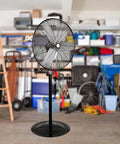 Beefy 30 Inch High Velocity Pedestal Fan For Garage Or Shop, 3 Speed Industrial Standing Fan with metal blades in a workshop