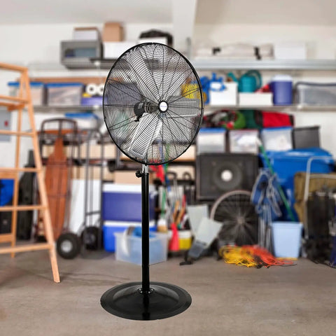 Beefy 30 Inch High Velocity Pedestal Fan For Garage Or Shop, 3 Speed Industrial Standing Fan with metal blades in a workshop