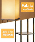 Close-up of fabric lampshade and solid metal shelf from 2 Pack Rustic Brown Floor Lamp With Shelves For Living Room Corner Etagere Style