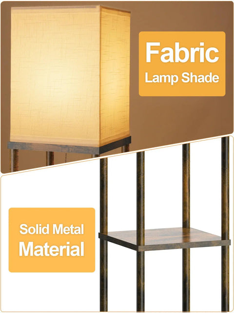 Close-up of fabric lampshade and solid metal shelf from 2 Pack Rustic Brown Floor Lamp With Shelves For Living Room Corner Etagere Style