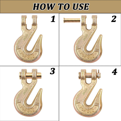 Step-by-step guide to use 2 Pack Three Eighths Inch Chain Hooks Grade 70 Heavy Duty Clevis Grab Hooks with pin