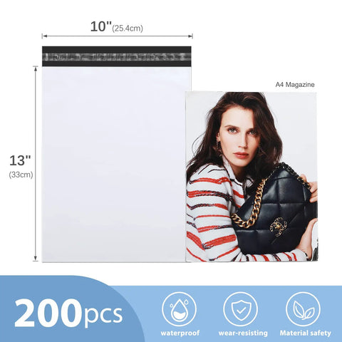 10x13 Inch Poly Mailers 200 Pack White For Clothing Shipping Envelopes with strong adhesive shown next to a magazine