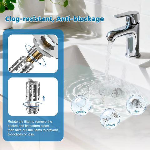 Heavy Duty Two Pack Bathroom Sink Drain Strainer With Slick Pop Up Stopper And Triple Layer Filtering, showing clog-resistant design and fast water release.