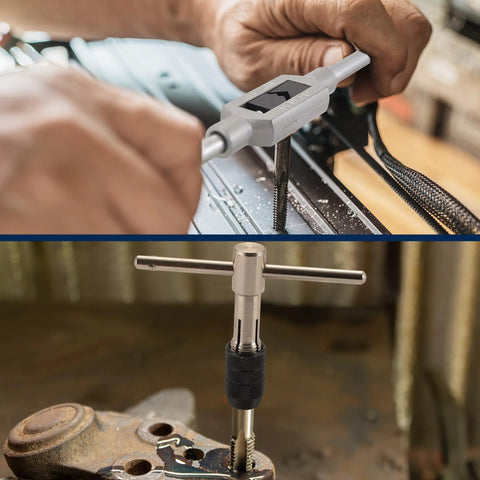 Anfrere tap and die set in steel; top close-up of die/tap in use, bottom shows T-handle die wrench installed.