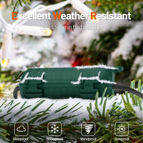 Outdoor Extension Cord Cover Waterproof With Four Removable Latches Heavy Duty Weatherproof Electrical Box Plug Cover For Patio Power Tools Holiday Lights IP54 Sealed Green shown amidst snowy branches.