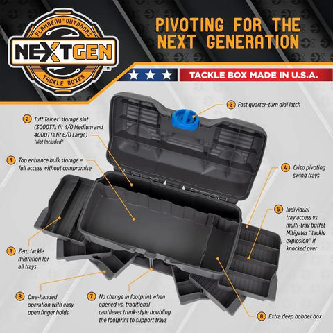 Open view of Next Gen 6 0 Large Fishing Tackle Box With 6 Pivot Trays And 32 Compartments Includes 25 Piece Starter Tackle Kit Heavy Duty Gear Storage And Lure Organizer Dark Gray displaying interior trays and compartments