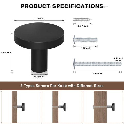 Two Pack Round Cabinet Knobs And Drawer Pulls Matte Black For Bifold Barn Doors, Durable Aluminum Alloy Hardware With Smooth Grip, Easy Install, Must Have For Everyday Home Renovation. 1.16in round knob, 0.42in base, screws