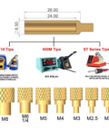 Diagram showing dimensions of brass inserts and various soldering iron tips for Heat Set Insert Kit With 60W Soldering Iron And 380 Brass Inserts 3D Printing.