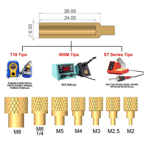 Diagram showing dimensions of brass inserts and various soldering iron tips for Heat Set Insert Kit With 60W Soldering Iron And 380 Brass Inserts 3D Printing.