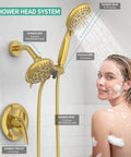 High Pressure 3 Way Rainfall Shower Faucet Set With 3 In 1 Shower Head And Handheld, 71 Inch Hose, Brushed Gold in use
