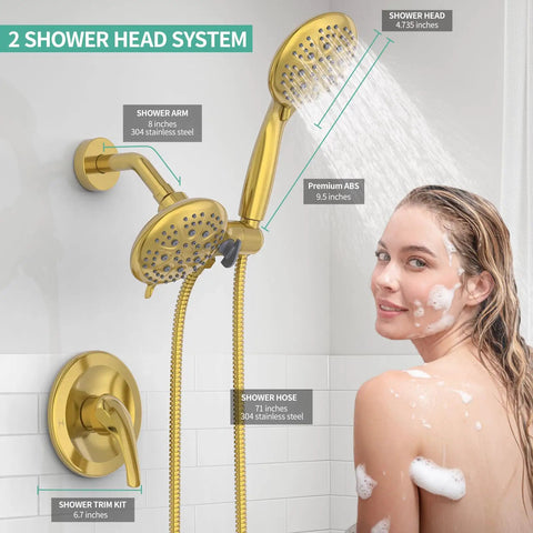 High Pressure 3 Way Rainfall Shower Faucet Set With 3 In 1 Shower Head And Handheld, 71 Inch Hose, Brushed Gold in use