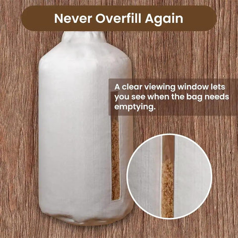 Dust Collection Bag For Planers And 4 Inch Woodworking Machines 30 Micron Filter with clear viewing window on wood background