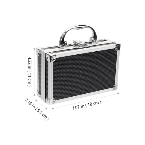 Compact Toolbox Organizer With Reinforced Handle For Hand Tools And Accessories Portable Small Tool Storage Box Pro Grade Case Durable And Travel Ready With Internal Foam Padding To Protect Your Gear shown in side view with dimensions 7.07 x 4.32 x 2.16 inches.