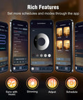 App screens showing features of 50 Foot Outdoor Waterproof String Lights With Bluetooth App And Remote Control Dimmable Brightness