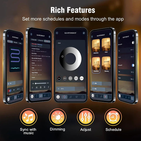 App screens showing features of 50 Foot Outdoor Waterproof String Lights With Bluetooth App And Remote Control Dimmable Brightness