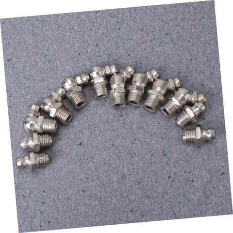 Grease Zerk Fittings Kit, 45-Piece Metric Assortment, straight and angled fittings on grey surface.