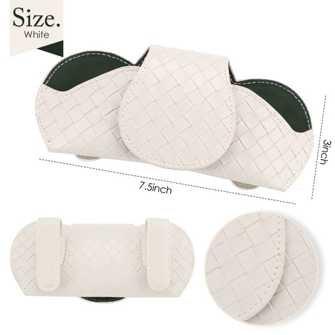 Premium Leather Sunglasses Holder For Car Visor With Secure Clip. Beige braided design, 7.5 x 3 inches, fits all vehicles.