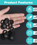 Hand holding 20 Piece Shower Head Filter Gasket Set Rubber Washers And Stainless Steel O Ring Hose Gaskets, with feature icons.