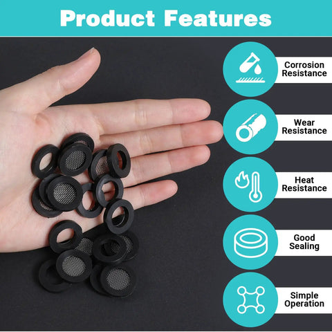 Hand holding 20 Piece Shower Head Filter Gasket Set Rubber Washers And Stainless Steel O Ring Hose Gaskets, with feature icons.