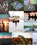 Collage showcasing 399 Piece Freshwater Fishing Lure Kit For Bass Trout And Salmon with various lures and fishing scenes