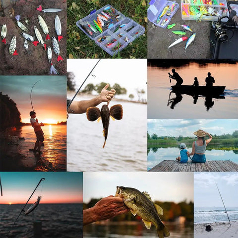 Collage showcasing 399 Piece Freshwater Fishing Lure Kit For Bass Trout And Salmon with various lures and fishing scenes
