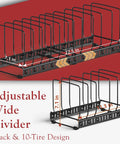 Two Pack Adjustable Cutting Board Organizer With 12 Dividers And Anti Slip Pads, shown in black with adjustable width.
