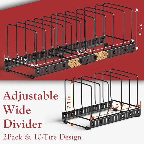 Two Pack Adjustable Cutting Board Organizer With 12 Dividers And Anti Slip Pads, shown in black with adjustable width.