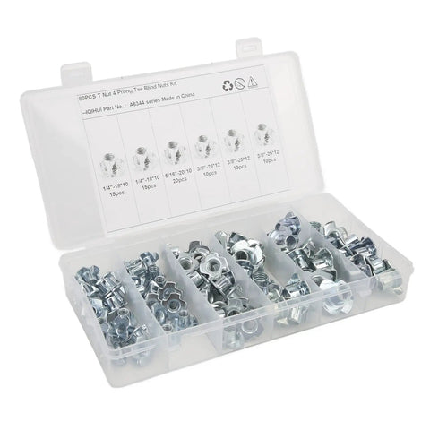 80 Pack Carbon Steel Galvanized T Nuts Pronged Tee Nut Set With Four Claws For Wood And Furniture Sizes Four Inch, Five Sixteenth Inch, And Three Eighths Inch Lightweight And Portable Hardware Kit That Is Easy To Install in open plastic case
