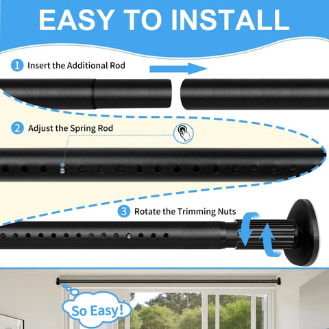No Drill Tension Curtain Rod Extends 51 To 126 Inches Easy Install For Indoor Or Outdoor Use Rust Resistant 1.26 Inch Diameter Black