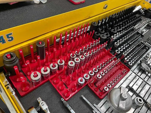 Six Socket Organizer Trays Set For 1/4, 3/8, And 1/2 Inch Drive, 3 Row SAE And Metric Socket Holder For Toolbox, Deep And Shallow Socket Storage To End Toolbox Clutter, Professional Grade For Easy Access And Quick Pick