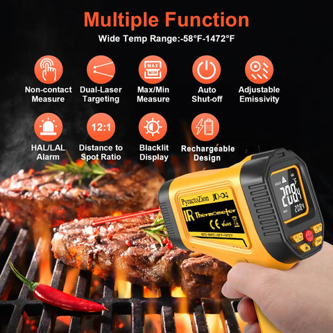 Rechargeable Infrared Temp Gun With Non Contact Laser Readout From Minus 58 Fahrenheit To 1472 Fahrenheit High Accuracy Digital Infrared Temperature Gun For Cooking Griddle Oven Meat Food HVAC Automotive Industrial Use USB C Recharge, hand-held over grill meat